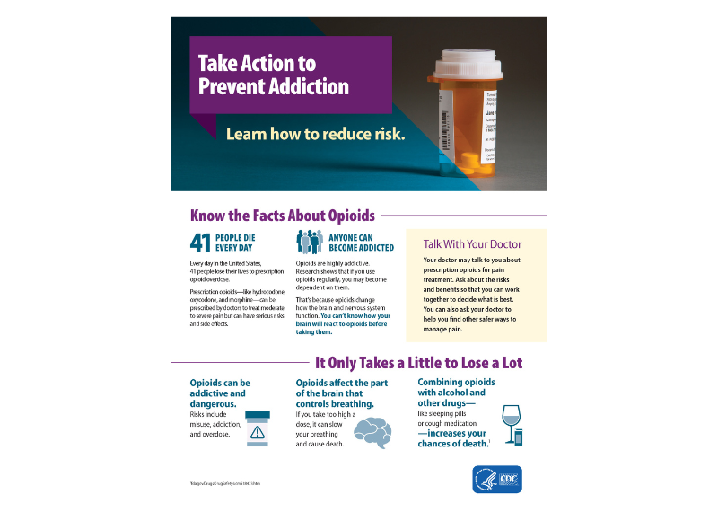 Take Action to Prevent Addiction Learn how to reduce risk. Know the Facts About Opioids Talk With Your Doctor Your doctor may talk to you about prescription opioids for pain treatment. Ask about the risks and benefits so that you can work together to decide what is best. You can also ask your doctor to help you find other safer ways to manage pain. Every day in the United States, 41 people lose their lives to prescription opioid overdose. Prescription opioids—like hydrocodone, oxycodone, and morphine—can be prescribed by doctors to treat moderate to severe pain but can have serious risks and side effects. PEOPLE DIE 41EVERY DAY Opioids are highly addictive. Research shows that if you use opioids regularly, you may become dependent on them. That’s because opioids change how the brain and nervous system function. You can’t know how your brain will react to opioids before taking them. ANYONE CAN BECOME ADDICTED It Only Takes a Little to Lose a Lot Opioids affect the part of the brain that controls breathing. If you take too high a dose, it can slow your breathing and cause death. Opioids can be addictive and dangerous. Risks include misuse, addiction, and overdose. Combining opioids with alcohol and other drugs— like sleeping pills or cough medication —increases your chances of death.1 1 fda.gov/Drugs/DrugSafety/ucm518473.htm For those who might have an opioid use disorder, call SAMHSA’s National Helpline at 1-800-662-HELP. Start the Conversation Protect yourself and others by talking about your questions and concerns. Ask about nonopioid pain management options, addiction, and overdose risks. Talk with your doctor. Let them know that you care about them, and be patient and open when listening so that they feel heard and valued. Talk with your loved ones if you’re concerned about opioid misuse or addiction. Encourage your loved ones to get help if they need it. Help them look for treatment, and offer to go with them to their first appointment. Your support can make a difference. Treatment Support Learn the signs of a quality treatment center at goo.gl/X1FCGW. Find opioid treatment options in your state at goo.gl/Gtkv9C. Follow these tips to protect yourself and those you care about. Tips to Reduce Risk Only take prescription medication that is prescribed to you. Don’t share medication with others. Take the medicine as prescribed. Don’t use medications in greater amounts, more often, or longer than directed by your doctor. Keep medicines in a safe place. It’s best to store prescription opioids in a place that can be locked—like a keyed medicine cabinet—to keep them secure from children and visitors. Dispose of expired or unused prescription opioids. Remove them from your home as soon as possible to reduce the chance that others will misuse them. To get rid of prescription opioids and other medications safely: • Check with your pharmacist to see if you can return them to the pharmacy. • Find a medicine take-back option near you at takebackday.dea.gov. Hear real stories about recovery from prescription opioids at cdc.gov/RxAwareness.