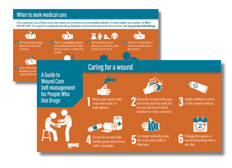 A Guide to Wound Care Self-management for People Who Use Drugs Caring for a wound 1 5 2 6 3 4 Wash your hands with soap and water, or wear gloves. For larger wounds, wrap the area with medical bandage. Clean the wound with soap and water and dry well. Do not use alcohol or hand sanitizer to clean a wound. Change the gauze or medical bandage twice per day. Apply antibiotic cream to the wound surface. Cover the wound with sterile gauze and secure with a bandage. 4.23When to seek medical care If you experience any of these issues, the wound may be serious and need medical attention. To find a health care provider, call 311 or 844-692-4692. For support for people who use drugs, including harm reduction and medication services, visit nyc.gov/alcoholanddrugs. The wound gets larger, deeper, more painful or tender. There is a foreign object, such as a needle tip, in the wound. There is spreading redness, red streaks around the edges of the wound or a darkened border. There is increased discharge or the presence of pus, or the wound smells. The wound is over an artery or on the face, neck, hands, feet or chest. You experience fever or chills, shortness of breath, weakness, muscle pain, and fatigue.