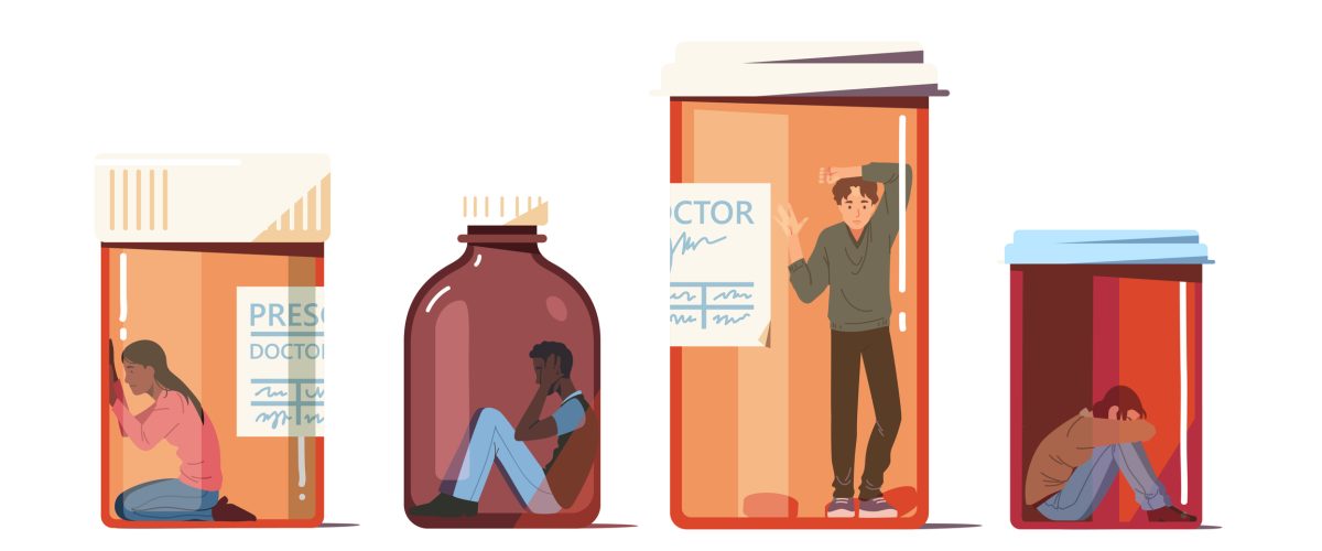 Drug addict concept set. Addicted people trapped inside pill bottles, drug dependent person suffering. Society addiction problem narcotic substance systematic abuse flat style vector character isolated illustration